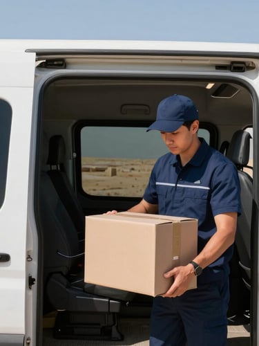A professional courier in a crisp navy uniform carefully securing a large box inside a modern, clean delivery vehicle, bright daylight.