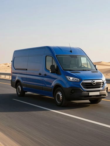 A sleek modern delivery van driving on a multi-lane Dubai highway at golden hour, sharp shadows, high-contrast corporate blue and sand tones.