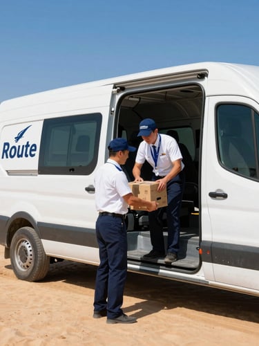 A professional Falcon Route courier in a crisp uniform securing cargo inside a modern delivery van, bright desert daylight casting sharp shadows.