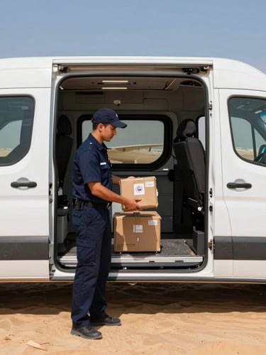A professional Falcon Route courier in a sharp dark navy uniform securing cargo inside a modern delivery van, bright UAE desert daylight, warm sand tones.