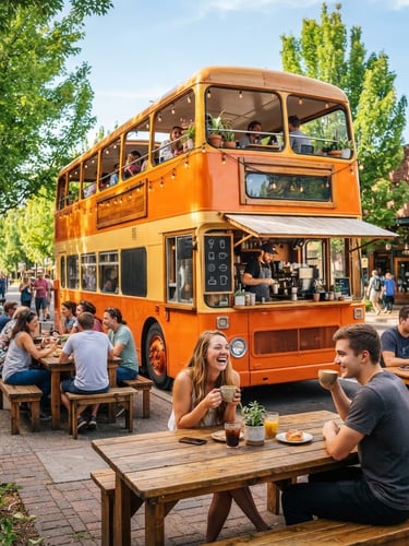 A bright orange and yellow double-decker bus converted into a modern coffee shop, parked on a sunny Oregon street with outdoor wooden tables and happy patrons.