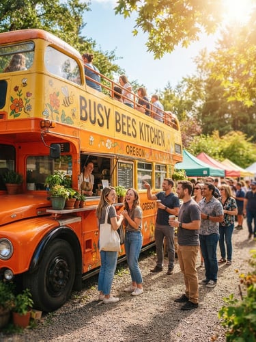 Bright natural outdoor daylight photo of a vibrant orange and yellow double-decker bus parked at an Oregon community market, happy patrons ordering at the window, warm sun flare