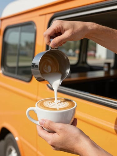Close-up of hands pouring beautiful latte art inside a converted bus espresso bar, warm natural daylight, orange accents.