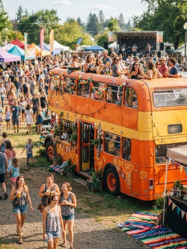 Vibrant orange and yellow double-decker bus parked at a sunny outdoor community festival in Oregon, bright natural daylight, happy people in background