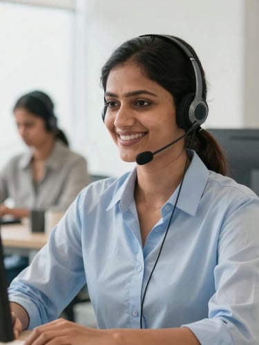 A professional Indian female customer support executive with headset smiling in a bright office environment, natural daylight, 35mm