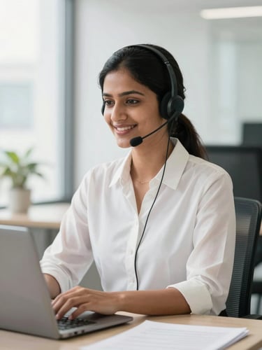 A professional Indian female customer support executive wearing a headset, smiling in a bright modern office with natural daylight, crisp focus
