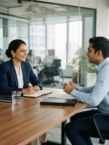 A professional Indian female HR manager conducting an interview in a bright, modern corporate office, clean daylight, highly professional, 35mm