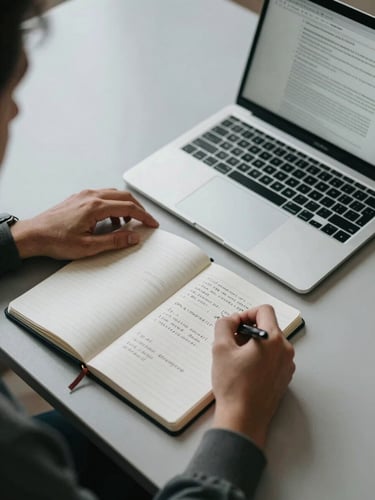 Overhead desk study of a young professional's workspace, hands resting near an open notebook with handwritten notes and a laptop showing a document, cool north-facing light, clean architectural framing, no face visible
