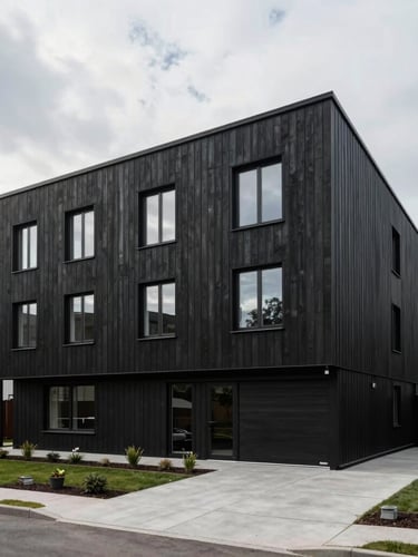 Wide architectural elevation of a modern black timber townhouse in Vilnius, overcast Baltic daylight, concrete driveway, minimalist landscaping.