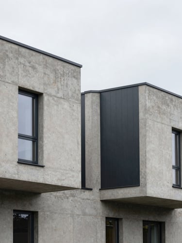 Minimalist architectural close-up of a modern concrete townhouse facade with dark metal details, overcast Baltic daylight, focus on structural joints