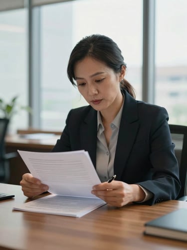 Close medium shot, natural daylight from a tall office window, a professional woman in her 40s seated at a wooden desk reviewing a printed document with both hands, pen resting between fingers, expression focused and composed, warm indoor ambience, shallow depth of field on the document