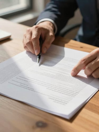 Close-up of a professional's hands reviewing printed documents on a wooden desk under warm window light, pen resting beside the papers, natural daylight from the left casting soft shadows