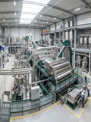 Wide panoramic shot of a pristine stainless steel industrial milling facility, bright even lighting, deep green accents on machinery, showing massive scale.