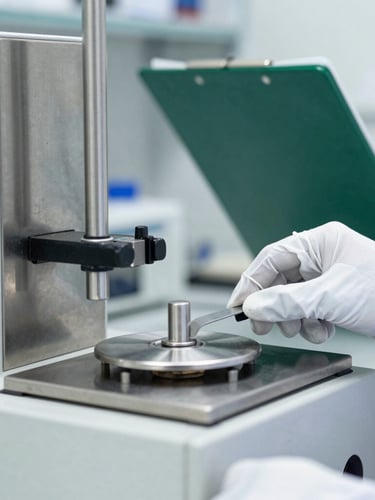 Close up of a stainless steel testing station in a bright industrial lab, a technician's gloved hand adjusting a scale, deep green clipboard in the background.