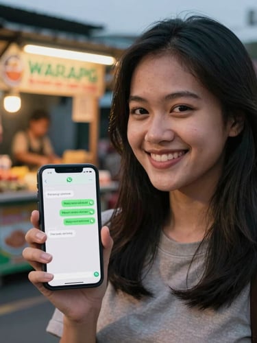 A close-up portrait of a smiling young Indonesian woman in Jakarta holding her smartphone, showing a WhatsApp chat interface, with a vibrant local warung kiosk blurred in the background at dusk.