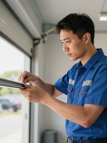 Clean-cut technician in branded uniform carefully adjusting a garage door track, focused expression, natural garage interior lighting, sharp focus