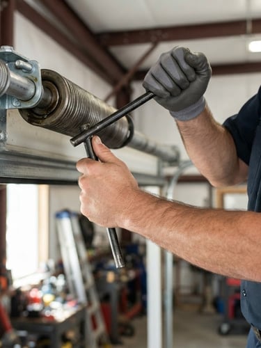 Close-up of a uniformed technician's hands adjusting a garage door torsion spring, bright natural daylight, clean industrial tones, sharp focus, 35mm lens