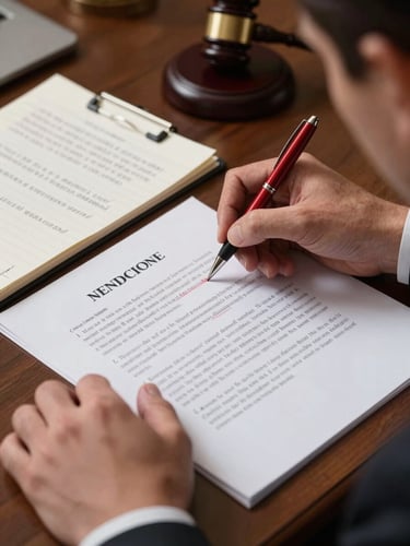 Over-the-shoulder view of a lawyer's hands marking up a printed contract on a desk, red pen annotations visible on the page, a legal pad with handwritten notes to the left, warm indoor office light, tight crop focused on the document and hands