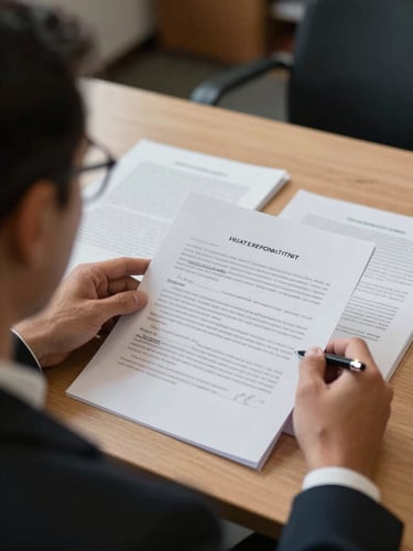 Over-shoulder view of a lawyer at a desk reviewing a marked-up contract under steady indoor office light, handwritten notes visible in the margins, a second document open beside it, quiet office environment in the background