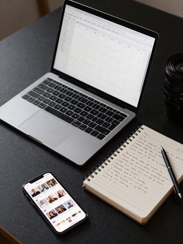 Overhead view of a desk in use — laptop open showing a content calendar, a notebook with handwritten copy drafts beside it, a phone screen with an Instagram feed visible, all under clean studio light on a dark surface
