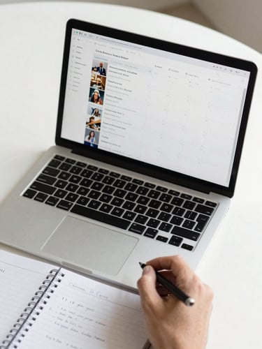 Overhead view of a laptop screen displaying a social media content calendar, a notebook with strategy notes, and a hand holding a pen, on a clean white desk under natural daylight — sharp focus, no lifestyle elements