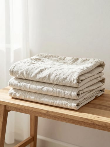 Bright high-key lifestyle shot of a modern Lithuanian home interior, neatly folded linen textiles on a wooden bench, soft natural daylight, warm neutral tones