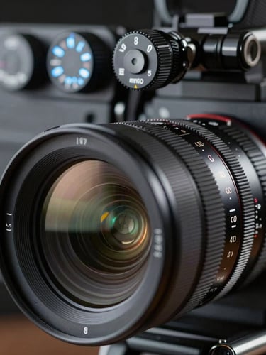 Macro shot of a high-end cinema camera rig dials in a dark studio setting, glowing blue rim lights reflecting on the lens, shallow depth of field.