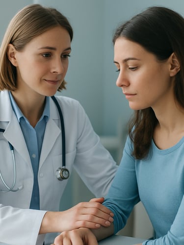 European doctor reassuring a patient in a clinic, soft natural light, both European, prenotamedico.com watermark.