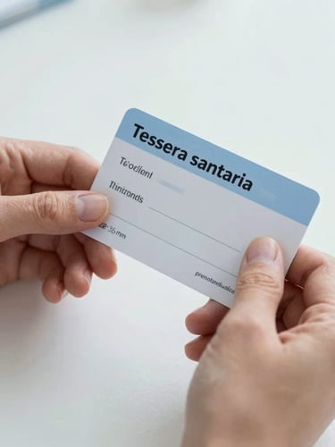 Close-up of a European patient's hands holding an Italian 'tessera sanitaria' (health card) and a medical prescription, on a light-colored surface, soft natural daylight, subtle 'prenotamedico.com' watermark, 35mm lens.
