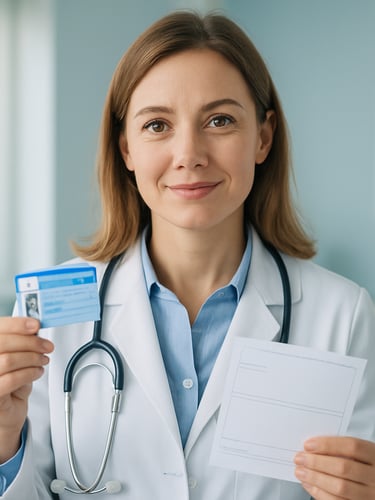 European female doctor in a modern clinic setting, holding a 'tessera sanitaria' (health card) and a prescription form, with a reassuring expression. Soft natural light. Prenotamedico.com watermark visible.