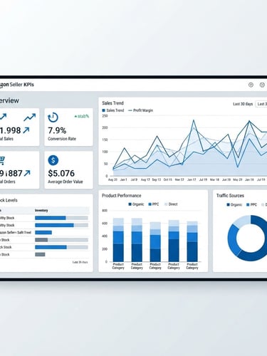 High-fidelity Amazon Seller KPIs dashboard screenshot, clean UI, crisp data charts, real-time metrics, cool gray and sharp blue tones, vector precision, on a neutral white background, 21:9 aspect ratio, off-center subject
