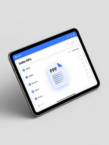 Isometric product mockup of a tablet displaying a Seller KPIs dashboard, with a PDF report icon subtly overlaid, crisp studio lighting, neutral gray background, high-fidelity digital product rendering.