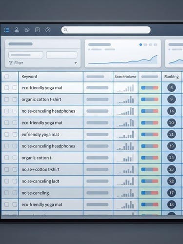 High-fidelity screenshot of Seller KPIs organic keyword ranking tracker dashboard, showing a clean table of keywords, search volume, ranking positions, and trend arrows, crisp studio lighting, cool gray and sharp blue tones, vector precision.
