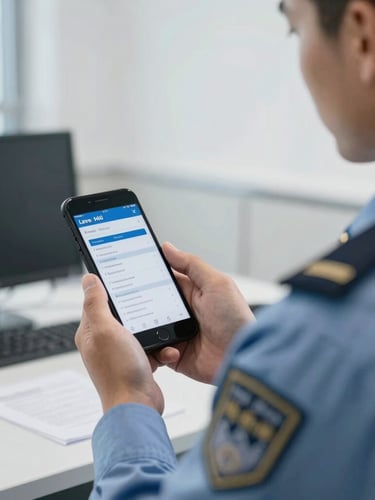 A desaturated blue-toned environmental shot of a service member in clean duty uniform reviewing leave balances on a secure mobile device, bright neutral daylight, modern administrative setting, sharp focus.