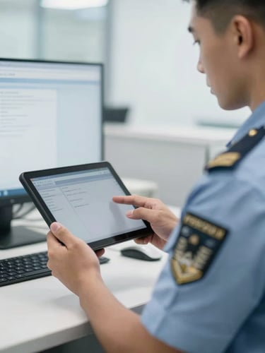 A desaturated blue-toned close-up of a service member in clean duty uniform reviewing a mobile portal screen in a bright, modern military administrative office.