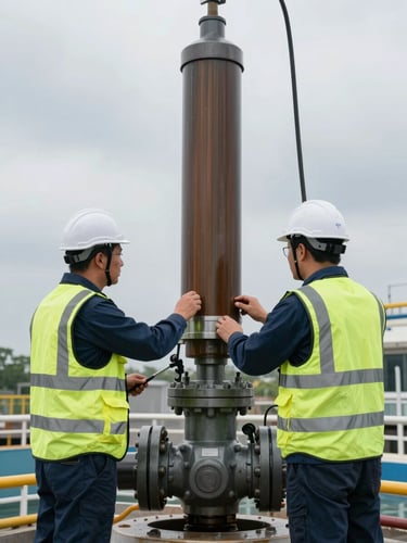 Two certified engineers in high-visibility vests inspecting a heavy hydraulic valve assembly at an active water treatment facility, overcast industrial sky, precise technical focus.