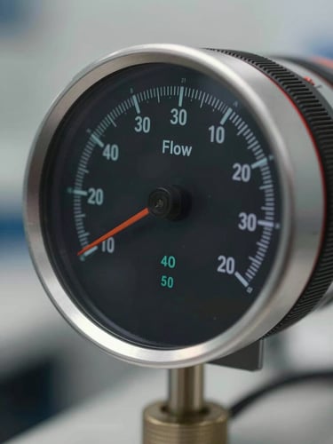 Close-up of a digital flow telemetry screen with precise calibration metrics, industrial setting, sharp clean lighting