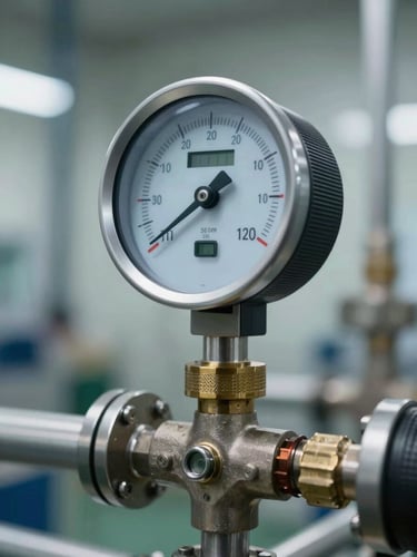 A close-up vertical shot of a digital flow meter displaying real-time telemetry data, mounted on industrial steel pipes in a clean, modern facility.