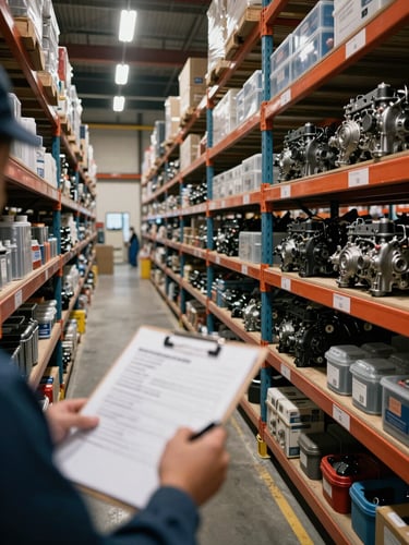 Wide environmental shot inside a working marine supply warehouse, shelves of labelled engine spare parts and sealed technical components receding into depth, overhead warehouse lighting casting hard shadows on organised inventory racks, a worker's hands checking a manifest clipboard in the foreground left, no faces visible