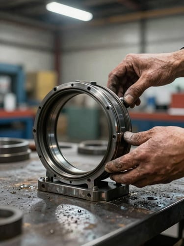 Close-up of weathered hands inspecting a heavy-duty marine engine seal on a steel workbench, port warehouse in soft background, harsh overhead industrial light casting sharp shadows on the component surface