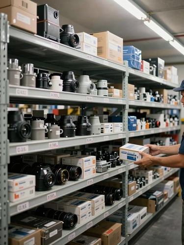 Wide shot of organized shelving racks in a port-side warehouse, rows of labeled marine spare parts and components under fluorescent overhead light, a worker's hand pulling a boxed part from mid-shelf