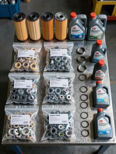 Overhead flat-lay of engine store consumables arranged on a steel surface — oil filters, seal kits in labelled bags, gasket sets, and lubricant sample bottles under port warehouse daylight, organized by category, hands-free inventory view