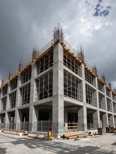 Wide-angle architectural shot of an active metropolitan construction site with steel scaffolding and concrete pillars under a dramatic overcast sky, sharp shadows.