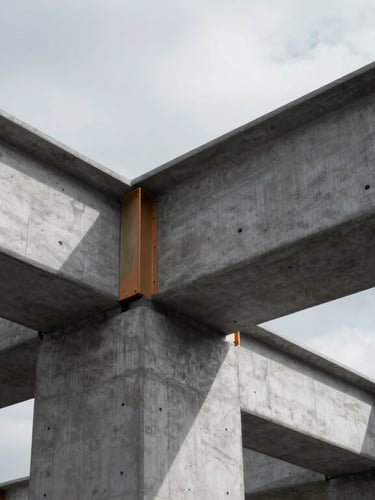Close-up of raw concrete and structural steel beams, dramatic overcast daylight casting sharp shadows, high-contrast architectural photography.