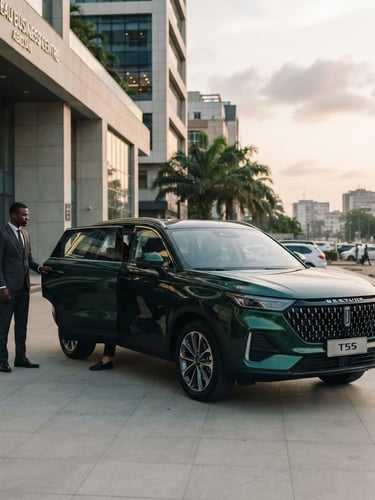 Un SUV premium Bestune T55 vert foncé brillant garé devant un immeuble de bureaux moderne au Plateau à Abidjan, lumière douce de fin de journée, chauffeur professionnel en costume sombre ouvrant discrètement la portière arrière, style photographique corporate épuré.