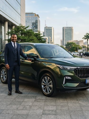 Premium automotive portrait of a professional chauffeur in a dark suit standing next to a clean Bestune T55 SUV, soft daylight, corporate office building in Abidjan Plateau in the background, 35mm lens.