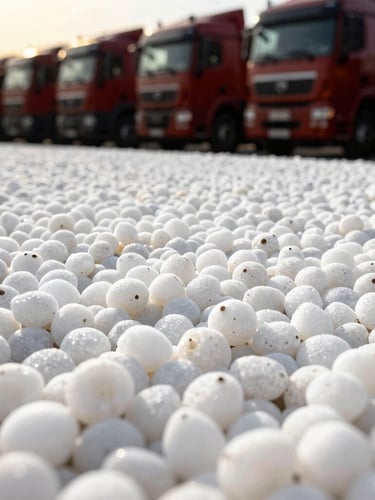 Close-up macro shot of perfectly clean, white, rounded sand grains, under bright, crisp daylight, emphasizing texture and purity. Industrial commercial photography, high contrast, 35mm.
