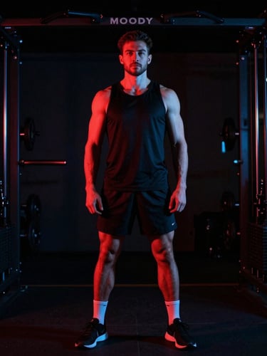 Moody fitness photography of a personal trainer standing confidently in a dark gym, dramatic red and blue neon backlighting, low-key lighting, 35mm film