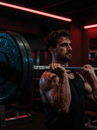 Dramatic low-key lighting close-up of a muscular athlete gripping a heavily loaded barbell in a dark gym with deep red neon reflections, 35mm film