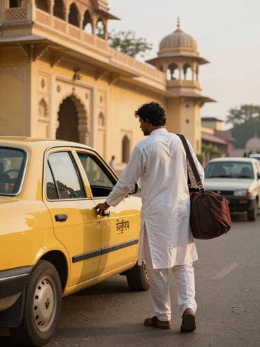 Medium shot from slightly behind — a driver in a white kurta opening a taxi door for a traveler with a carry-on bag, Udaipur's City Palace visible in the warm afternoon distance, golden-hour light washing the stone facade, real street texture underfoot